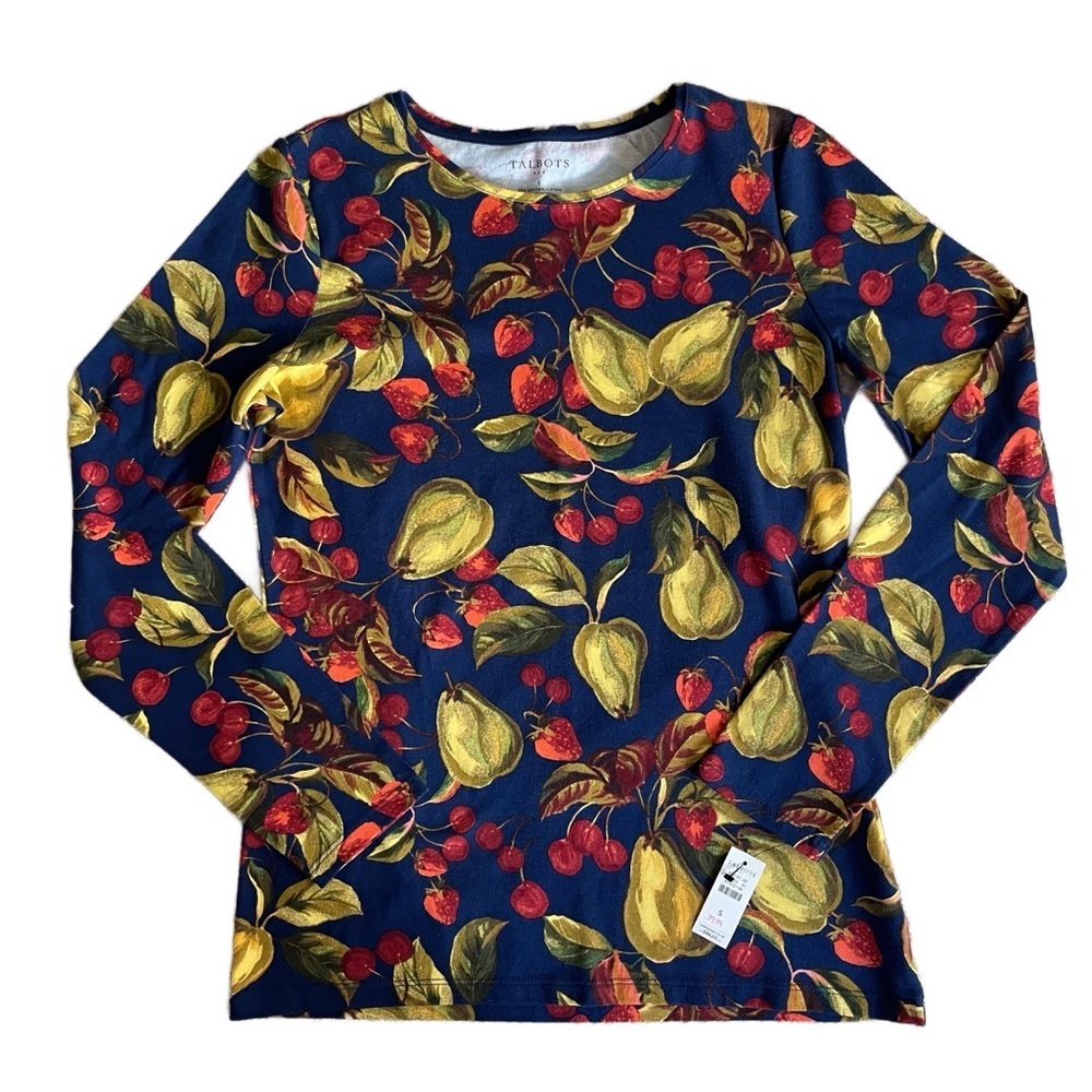 Talbots Navy Pear Print Cotton Crewneck Long Sleeve Top